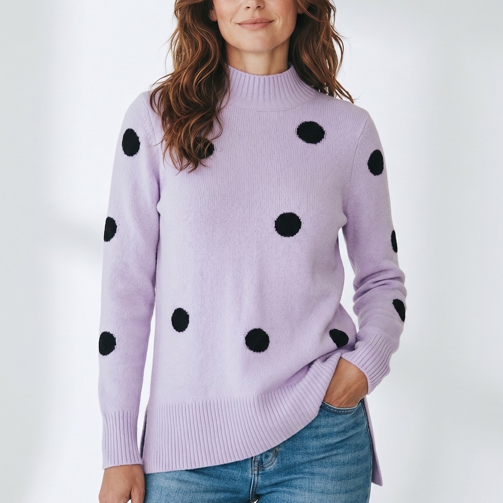 LOFT Polka Dot Sweater Womens Small Purple Mock Neck Knit Pullover Preppy